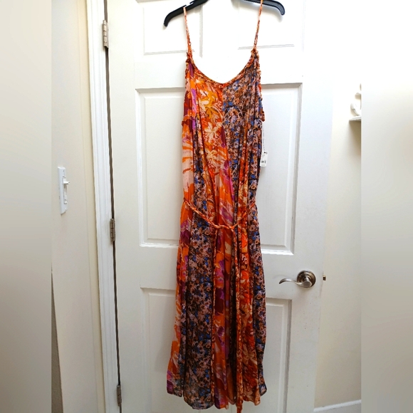 FREE PEOPLE Moondive orange floral flowy long full strappy cotton dress - Picture 3 of 10